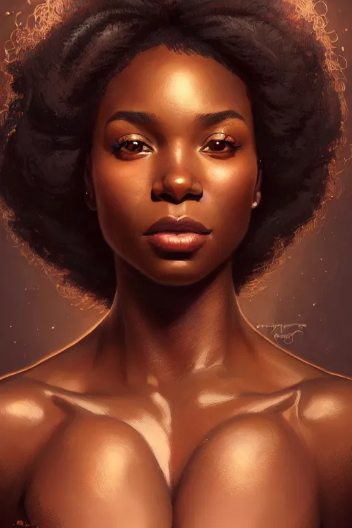 Image similar to clear portrait of a black attractive women, cottagecore!!, background hyper detailed, character concept, full body, dynamic pose, glowing lights!! intricate, elegant, highly detailed, digital painting, artstation, concept art, smooth, sharp focus, illustration, art by artgerm and greg rutkowski and alphonse mucha
