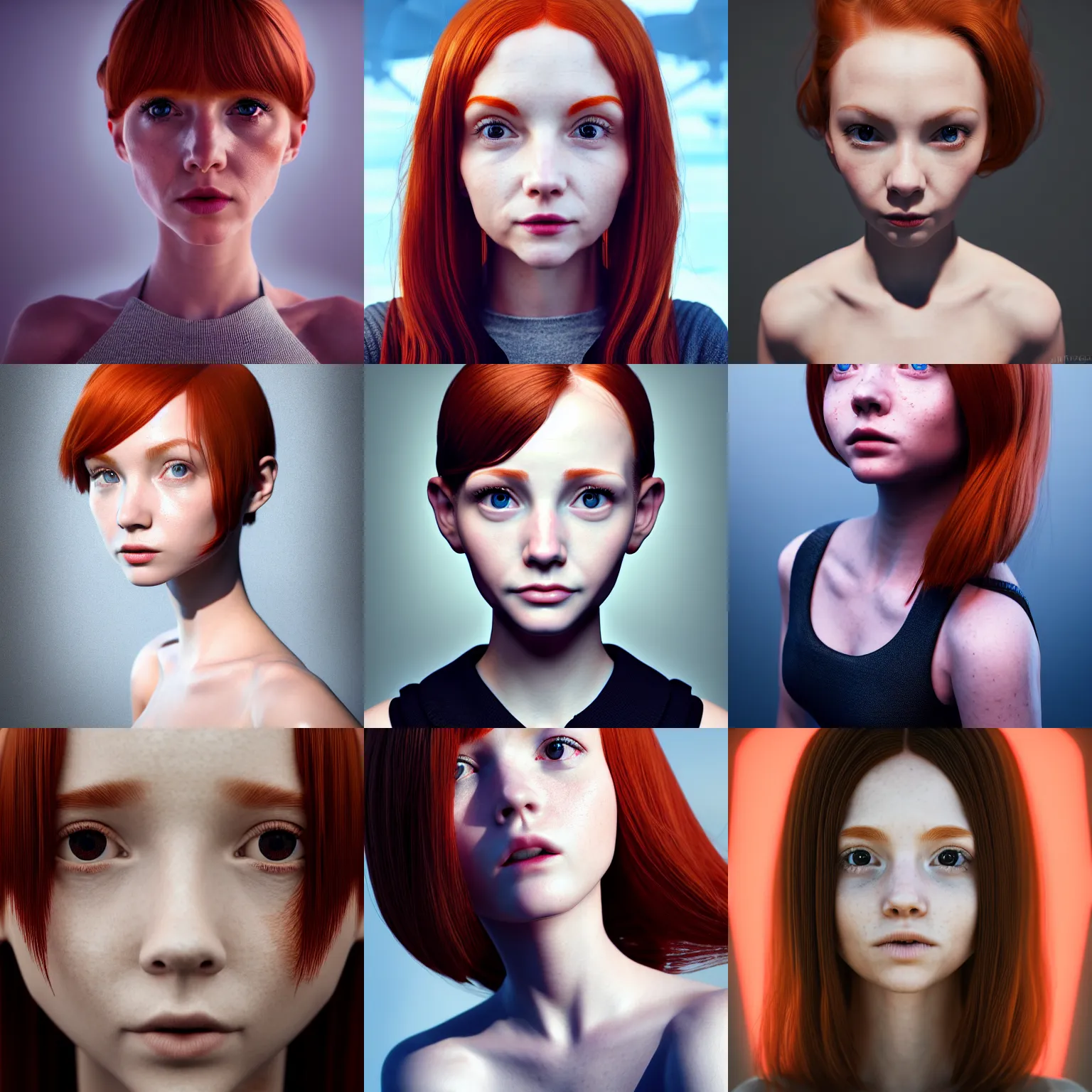 Prompt: drone photo, portrait of a redheaded petite girl, trending on artstation, very coherent symmetrical artwork, perfect face, symmetrical face, 35 mm, cinematic, hyper realism, high detail, octane render, 8k, chrome accents, unreal engine 5