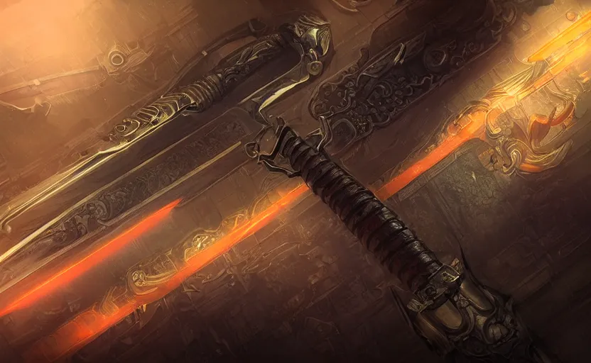 Image similar to legendary sword of cybernetic technology lying flat on a glowing table, digital award winning hd matte painting, intimate dark moody, intricate, long sharp black and iridescent blade, ornate spikes, colorful hilt, detailed realistic, raytraced blade, colored gems, golden pommel, in the style of greg rutkowski and krenz cushart, deviantart