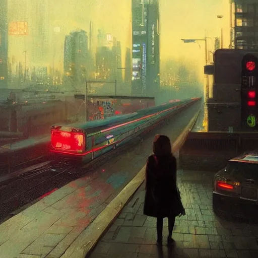 Prompt: chillwave scene of girl and cat, moment, cyberpunk elevated train, electronic billboards, tech noir, wet reflections, atmospheric, ambient, livia prima, greg rutkowski, edward hopper, pj crook