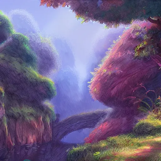 Prompt: a mystical valley, in the style of studio ghibli, digital art, realistic painting, very detailed