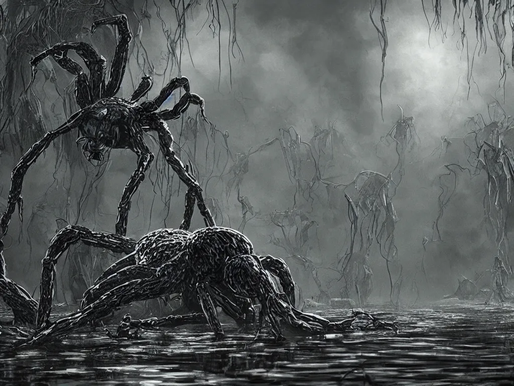 Image similar to Giant black spider climbing out of a swamp. Concept art. 4k. High detail. In the style of Lovecraft.