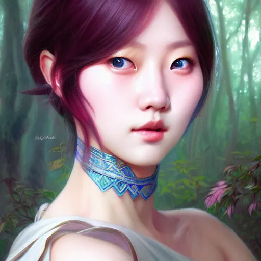 Prompt: Portrait of female Korean idol, D&D, blue eyes, face, pink short hair, fantasy, intricate, elegant, highly detailed, digital painting, artstation, concept art, smooth, sharp focus, illustration, deep forest on background, art by artgerm and greg rutkowski and alphonse mucha