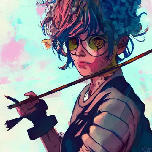 Image similar to close up, posing pointing with an arrow bow and shouting, a grungy cyberpunk anime, very cute, by super ss, curly pink hair, night sky by wlop, james jean, victo ngai, highly detailed