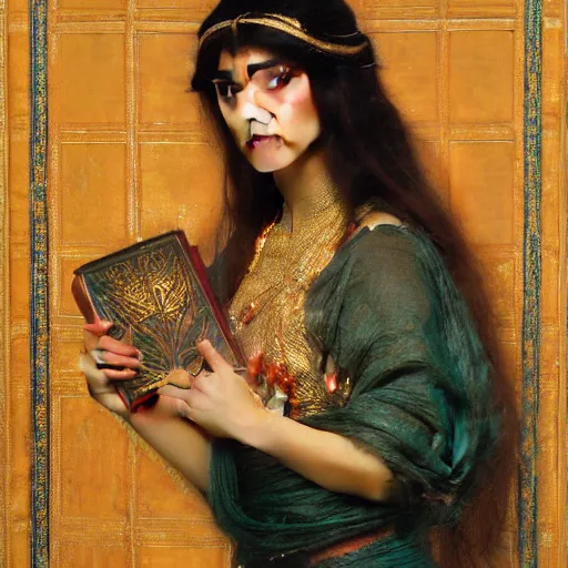 Image similar to orientalist portrait of a princess holding an iridescent eldritch tome intricate portrait by john william waterhouse Edwin Longsden Long and Theodore Ralli and Henryk Siemiradzki, very coherent symmetrical artwork. Cinematic, hyper realism, high detail 8k