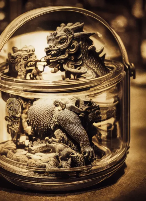 Image similar to enclosed ecosystem of ancient chinese myth lifeforms, animals, creatures, human, monster, delicious, vintage movie camera, in a jar, museum, frostbite 3 engine, portrait, 8 k post - processing, highly detailed