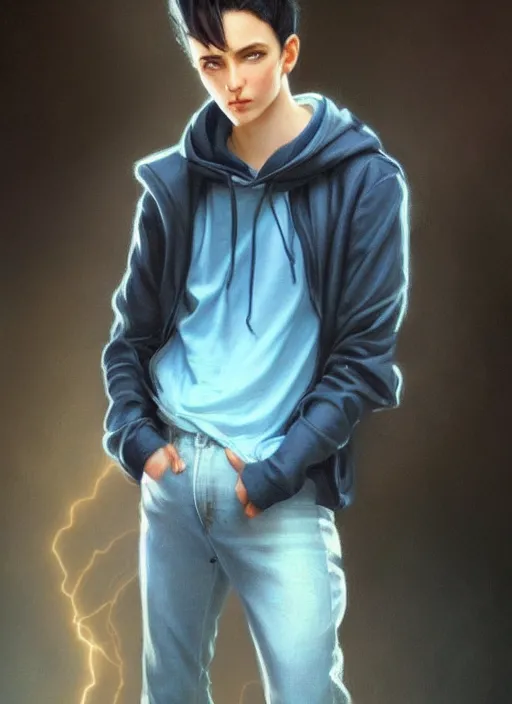 Image similar to androgynous young man with short black hair, light blue eyes, glowing, golden hour, wearing jeans and a black hoodie, realistic painting by ross tran and gerald brom and alphonse mucha, trending on artstation