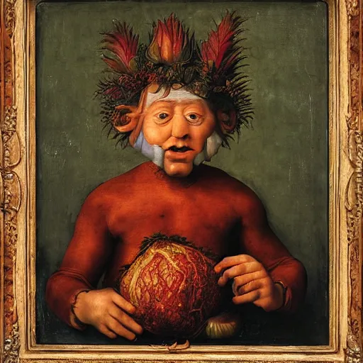 Image similar to a boy sitting in a tub full of tomato sauce, a lot of cabbage, by giuseppe arcimboldo and ambrosius benson, renaissance, portrait, fruit, intricate and intense oil paint, realistic