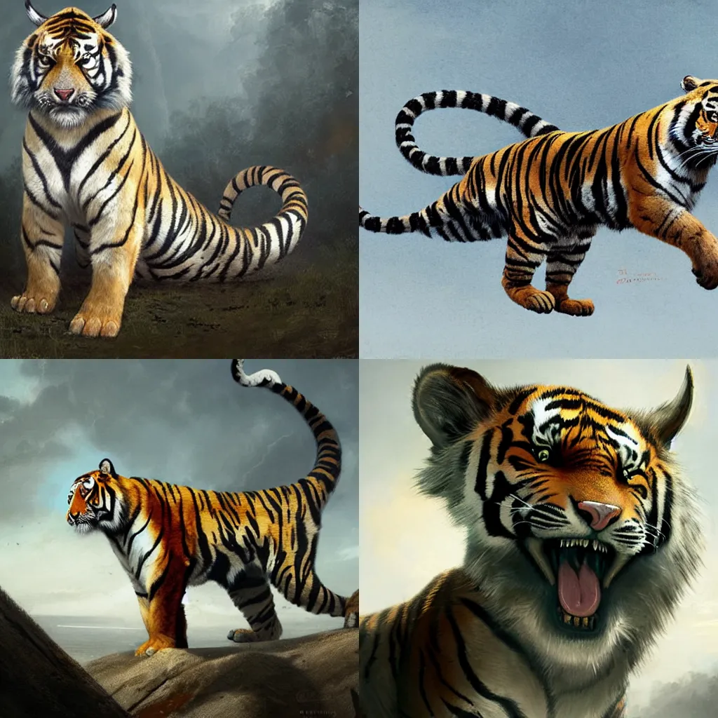 Prompt: a trussian animal with the body of a cat, the stripes of a tiger, the teeth of a snake, and the wings of a swan ， by greg rutkowski and james gurney