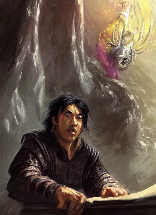 Image similar to asian with medium black hair man sitting at his desk looking down at belly, low angle, camera low, dndbeyond, bright, colourful, realistic, dnd character portrait, full body, pathfinder, pinterest, art by ralph horsley, dnd, rpg, lotr game design fanart by concept art, behance hd, artstation, deviantart, hdr render in unreal engine 5