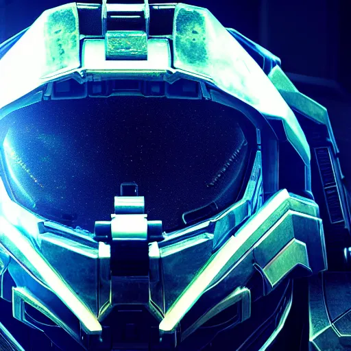 Image similar to cyberpunk halo helmet on space, close shot, reflection, epic, dramatic, cinematic, award winning, ultra detailed, realistic, 8k,