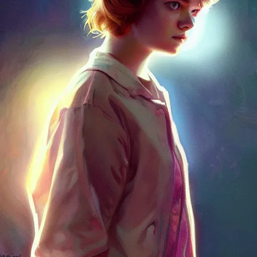 Image similar to young emma stone as eleven from stranger things,, intricate, highly detailed, digital painting, artstation, oppressive lighting, fashion concept art, sharp focus, illustration, art by greg rutkowski and alphonse mucha