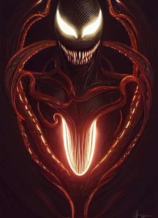 Image similar to portrait of venom, intricate, elegant, glowing lights, highly detailed, digital painting, artstation, glamor pose, concept art, smooth, sharp focus, illustration, art by artgerm and greg rutkowski, artey freytag