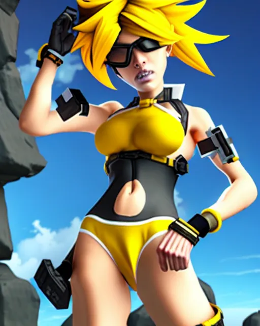 Image similar to tracer game character, in yellow bikini, blonde hair, black eyes, full height