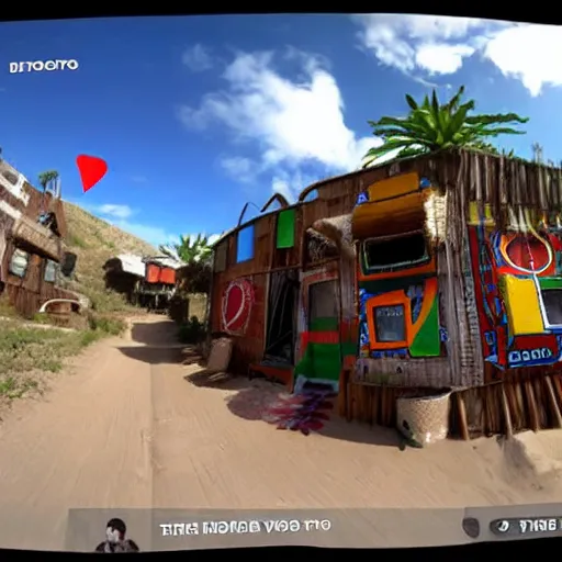 Prompt: “Google street view inside a video game, the houses are made out of bongo drums”