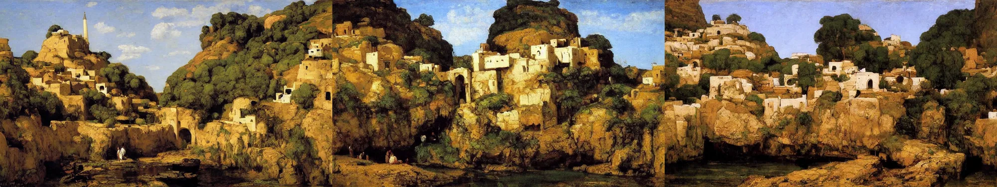 Prompt: High-Quality orientalist painting of a traditional Persian village built into a cliff next to a river by Gustave Courbet, colorful houses, very detailed, oil on canvas.