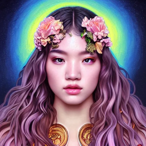 Image similar to portrait of jossi of blackpink, goddess of the moon, highly detailed, digital painting, smooth, sharp focus, illustration, ultra realistic, 8 k, art by artgerm and alphonse mucha