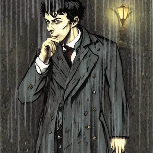 Prompt: Sherlock Holmes standing in the rain in the style of Junji Ito