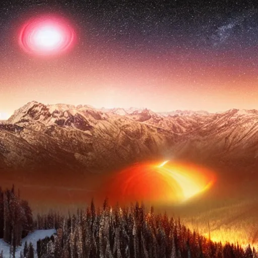 Prompt: A forested valley surrounded by snow-capped mountains at night, a red nebula and orange gas giant with rings in the sky, no clouds, sci-fi, photorealistic