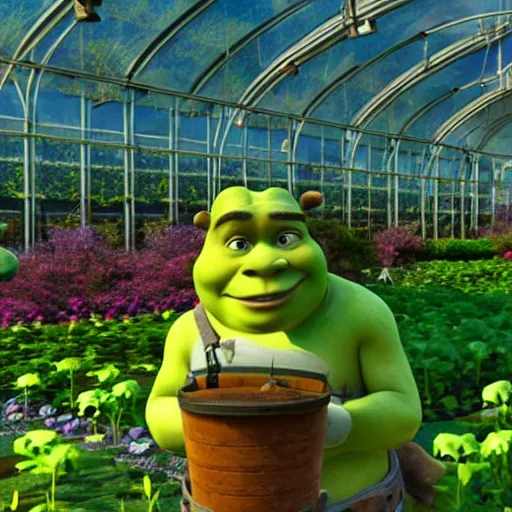 Prompt: DSLR photograph of Shrek tending to a beautiful greenhouse garden on a space station, Pixar dream works render,