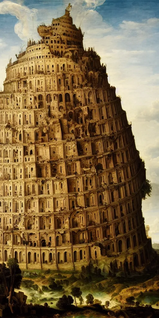 Image similar to baroque oil painting of : the elaborate ornate “ tower of babel ” is extremely tall and rises high above the mountains and the clouds all the way to heaven with golden rays of sunlight. photorealistic historical art with many small details ; heavenly ; majestic ; glorious ; beautiful.