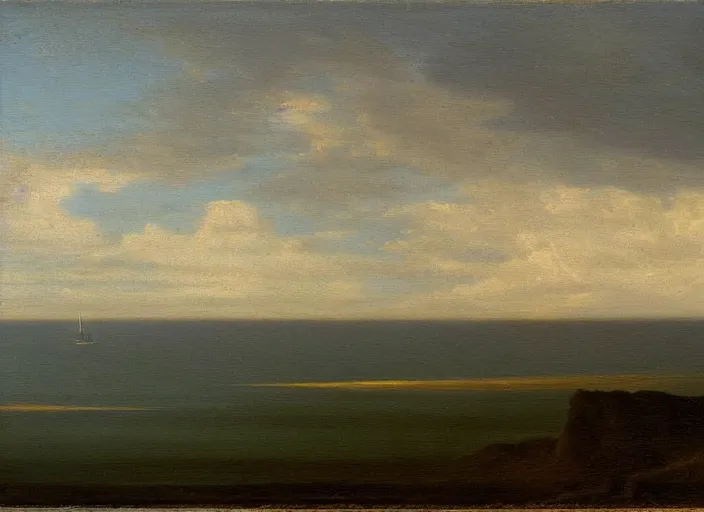 Image similar to texel with the waddenzee in the background, the netherlands in the style of hudson river school of art, oil on canvas