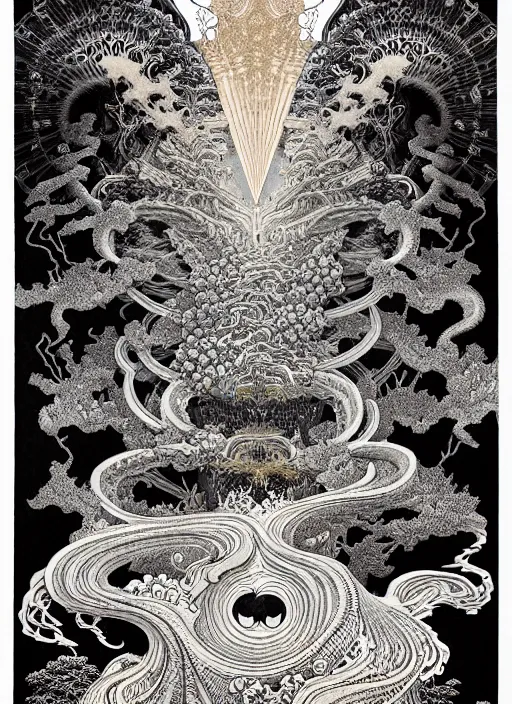 Prompt: detailed mighty 1 2 olympians gods, by hokusai and james gurney + black paper with intricate and vibrant line work + tarot card + mandelbulb fractal + full of silver layers + portrait + trending on artstation + incredible gold and black gothic illustration + exquisite detail