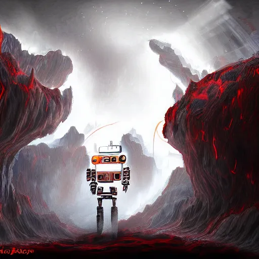 Image similar to a robot exploring hell, digital art, extremely detailed