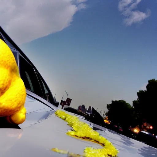 Prompt: gaint lemon in sky using a taxi