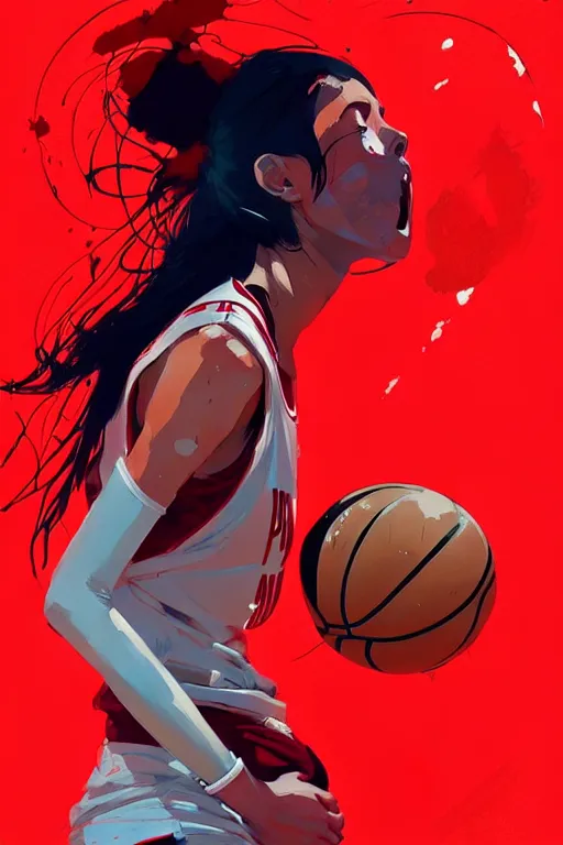 Prompt: a ultradetailed beautiful panting of a woman dribbling a basketball, by conrad roset, greg rutkowski and makoto shinkai, trending on artstation