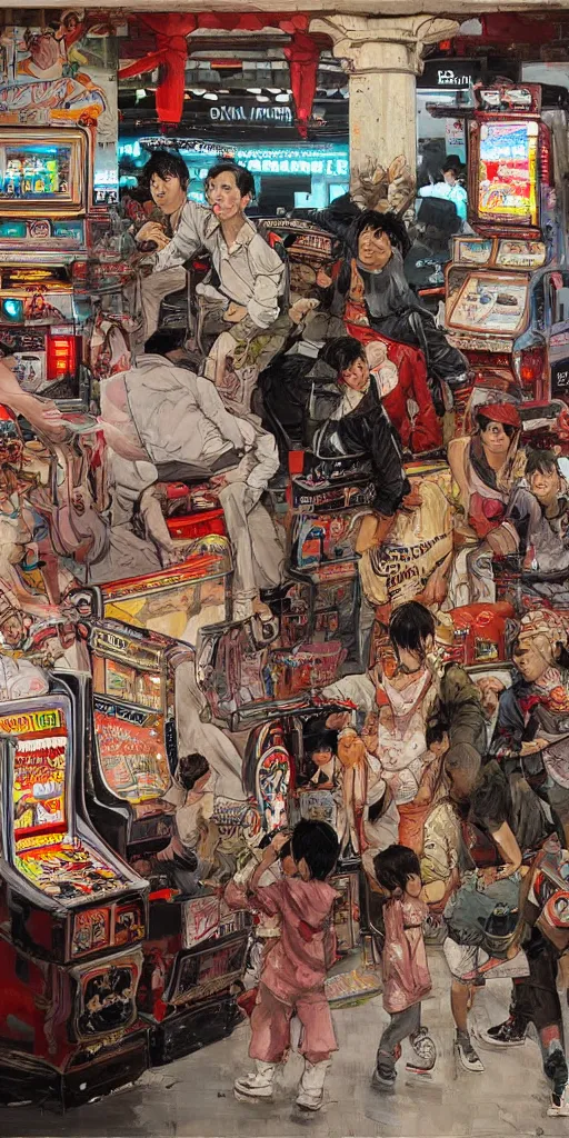 Image similar to oil painting scene from amusement arcade by kim jung gi