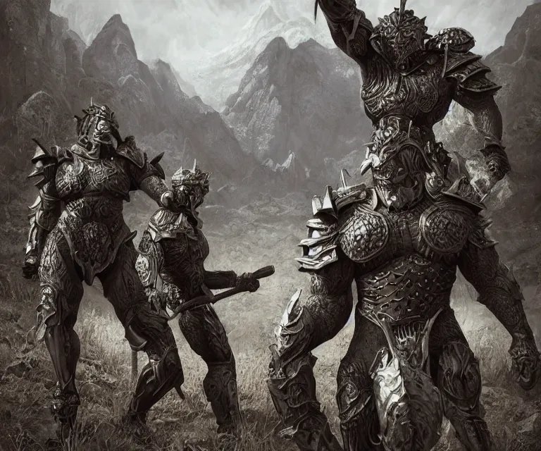 Image similar to trailcam footage grotesque horrific stylistic vray 3 d render of silver ornate armor slim bodybuilder handsome warriors in battle, mountains and giant gothic abbeys, hyperrealism, fine detail, 8 k, artsation contest winner, cgsociety, fantasy art, cryengine, brush strokes, oil canvas by mandy jurgens and michael whelan