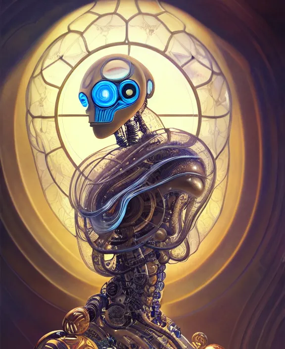 Image similar to intricate ornate opulent transparent clear see - through portrait of a robot beautiful alien nautilus, mottled coloring, adorable, childlike, pastoral environment, ultra realistic, concept art, art nouveau, photorealistic, octane render, 8 k, unreal engine. art by christopher marley and artgerm and greg rutkowski and alphonse mucha