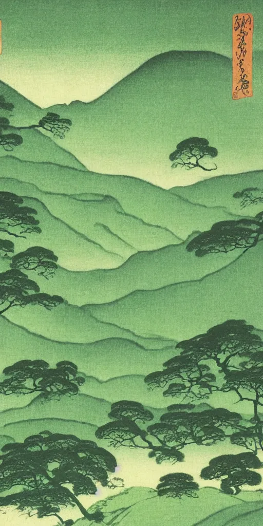 Prompt: lush green valley by ohara koson, 1 9 1 0