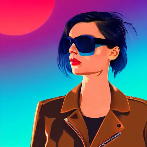 Image similar to a woman with light blue shutter shades in front of a sunset, a dark brown leather jacket, one side brown haircut with blue ends, vector art by jan tengnagel, pixabay contest winner, retrofuturism, retrowave, synthwave, outrun, portrait, synthwave