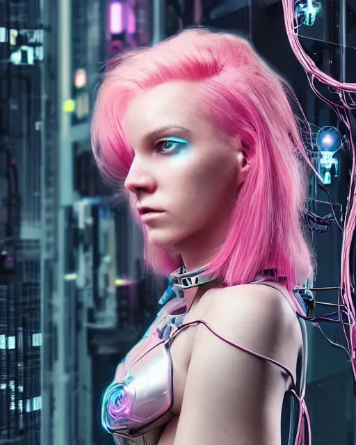 Prompt: portrait of a beautiful american woman with pink hair as a cyberpunk cyborg half robot, revealing wires and electronics, sci - fi, missing panels, intricate abstract upper body intricate artwork, concept art, octane render, deviantart, cinematic, key art, hyperrealism, iridescent accents, portrait photograph, nikon 3 5 mm, photograph by greg rutkowski