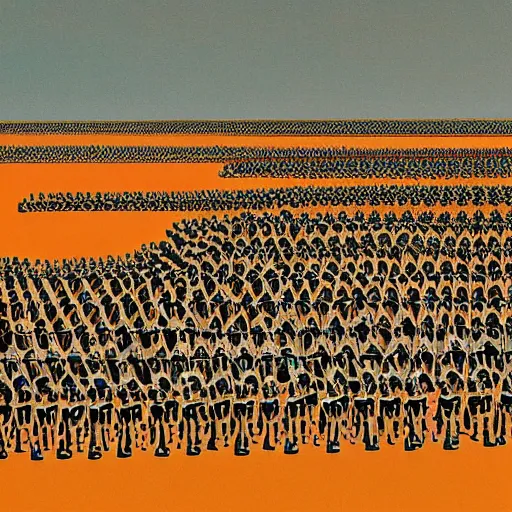 Image similar to painting of army of army of metallic robots in desert, by mc escher