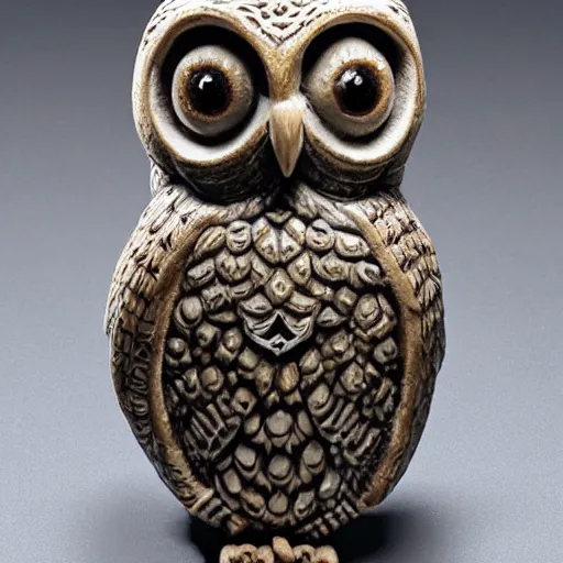 Image similar to ornate small owl idol made of bone with intricate carvings and photorealistic owl eyes. museum catalog photograph on dark background with exhibit label