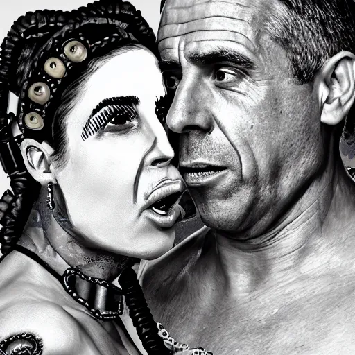 Image similar to Jordan Peterson as leia slave making out with joe rogan, photorealistic, portrait, metal bikini, 4k