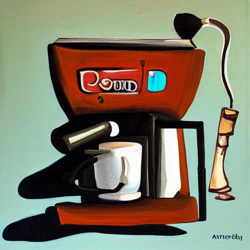 Image similar to a painting of android espresso machine that makes coffee from human souls