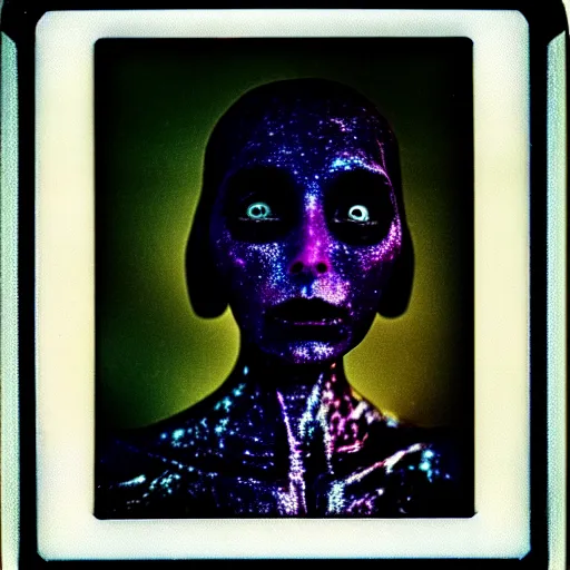 Prompt: grainy color polaroid of a beautiful feminine alien with thick black sludge seeping from her eyes, screaming while being consumed by darkness, iridescent eyes, dreamlike, intricate detail, sigma 85mm f/1.4, 4k, hd