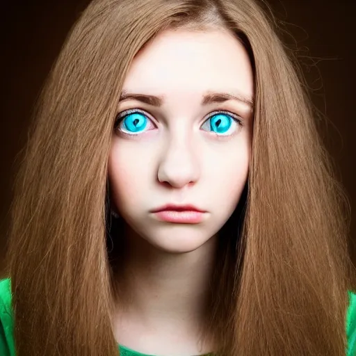 Image similar to brunette with dyed blonde hair, 18 years old, 155 cm tall, long wavy hair, green big eyes, small nose, small mouth, round shaped face, big forehead, lop eared, full body shot, thin eyebrows, real life photograph