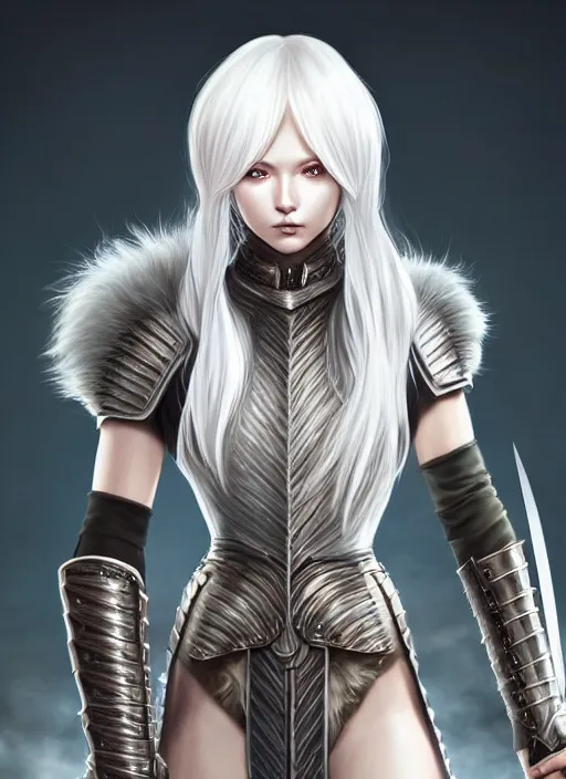 Prompt: warrior, fur leather armor!!! beautiful and elegant white hair female!! gorgeous ayes!! character concept art, sharp focus, octane render! unreal engine 5! highly rendered!! trending on artstation!! detailed linework!! illustration by artgerm, wlop, and chie yoshii