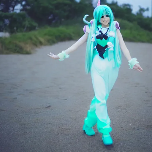 Image similar to photo of hatsune miku cosplayer takes a walk on late evening beach, f 2,4