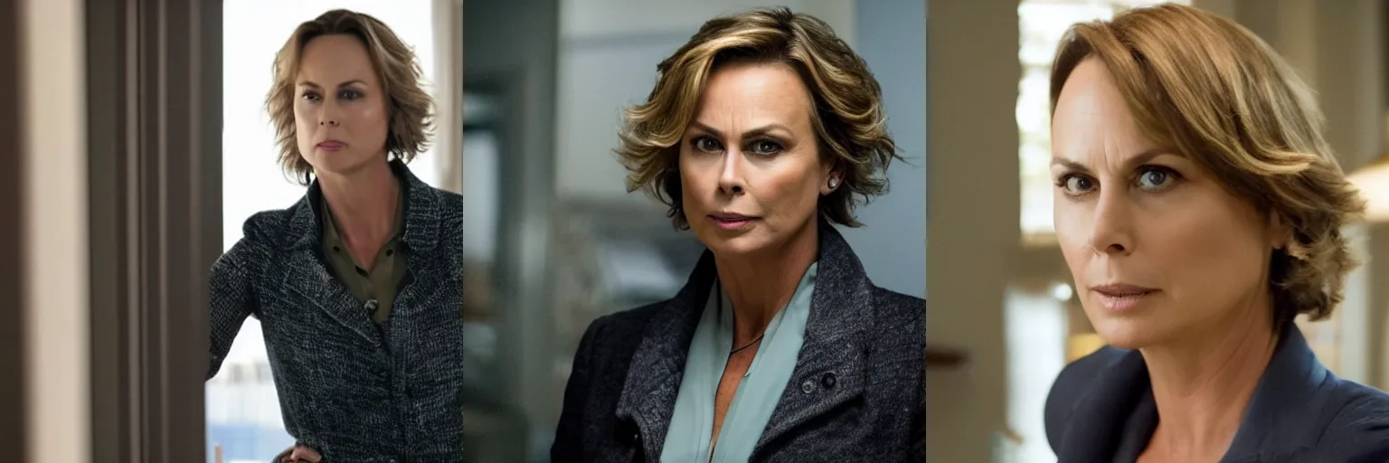 Prompt: close-up of Melora Hardin as a detective in a movie directed by Christopher Nolan, movie still frame, promotional image, imax 70 mm footage