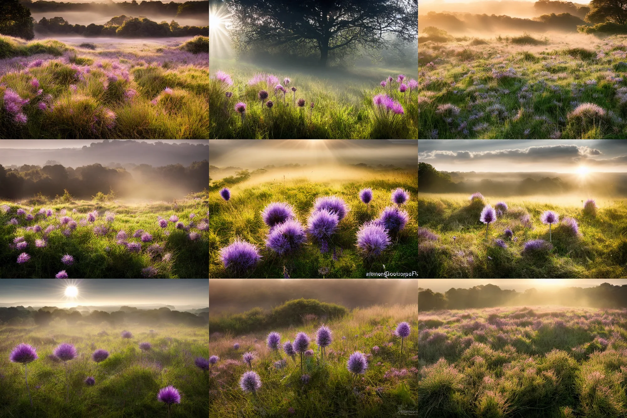 Prompt: beautiful landscape photography of ashdown forest, misty morning in summer, wild flowers, thistles, sun rays, lpoty, award winning