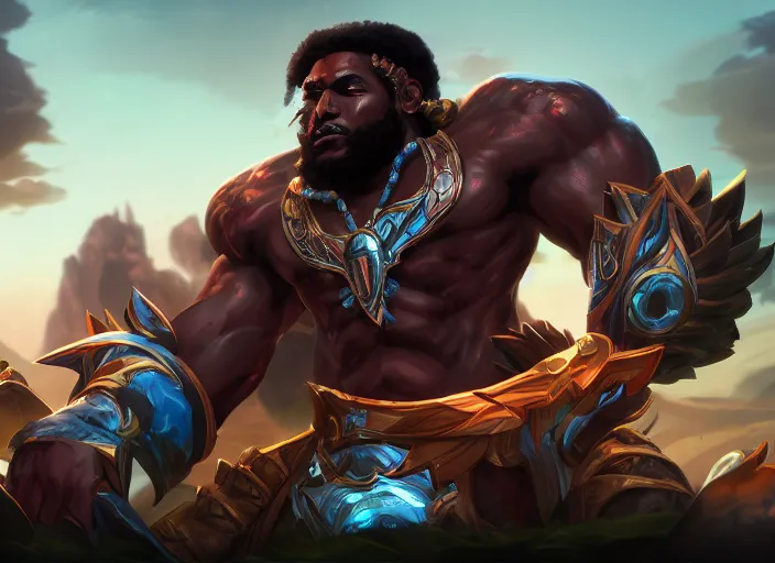 Image similar to black american deity character concept art, digital illustration, trending on artstation, epic composition, scenic background, 8 k uhd, masterpiece, league of legends splash art, octane render, highly detailed, perfect lineart