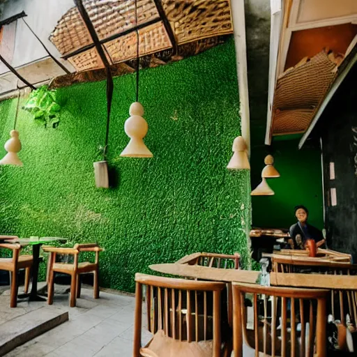 Image similar to a cafe in Vietnam, many green plants on walls and on tables, good atmosphere, relaxing, calming place, good design, people sitting down enjoying drinks