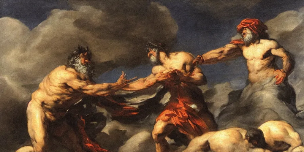 Image similar to zeus vs odin by francisco goya, detailed mythological painting, oil painting