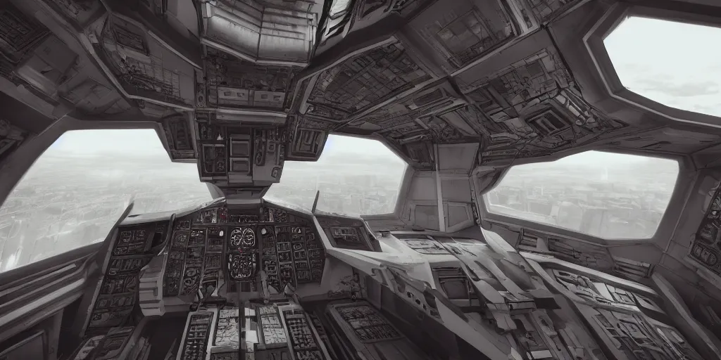 Prompt: interior, wide angle, cockpit of an futuristic gothic crusader altarship, octane render, matte painting